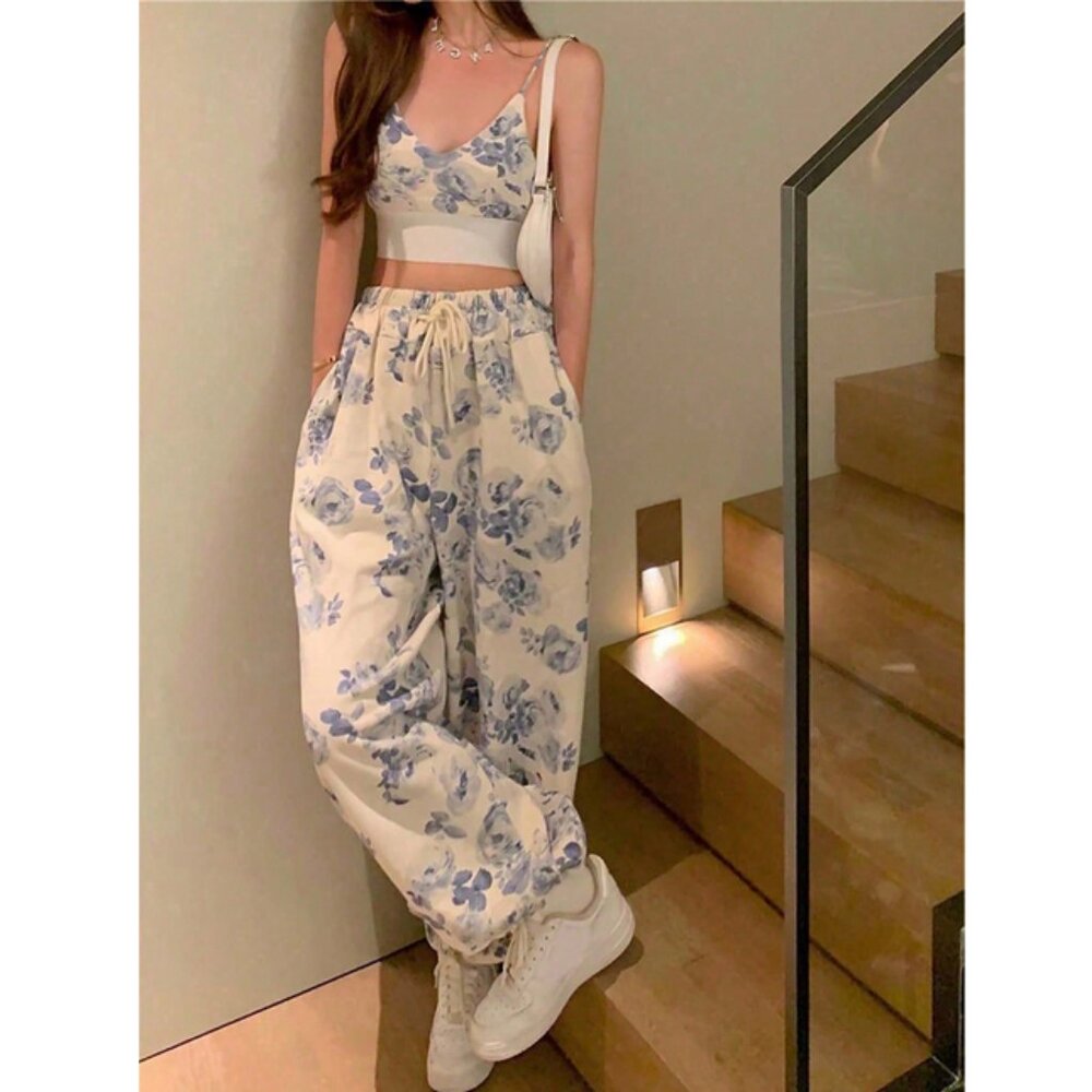 Boho Women's Printed cropped Camisole Top & tie waist Pants
